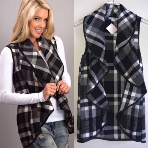 Tops - Plaid Waterfall Vest Flowy Pockets Drape Cardigan
